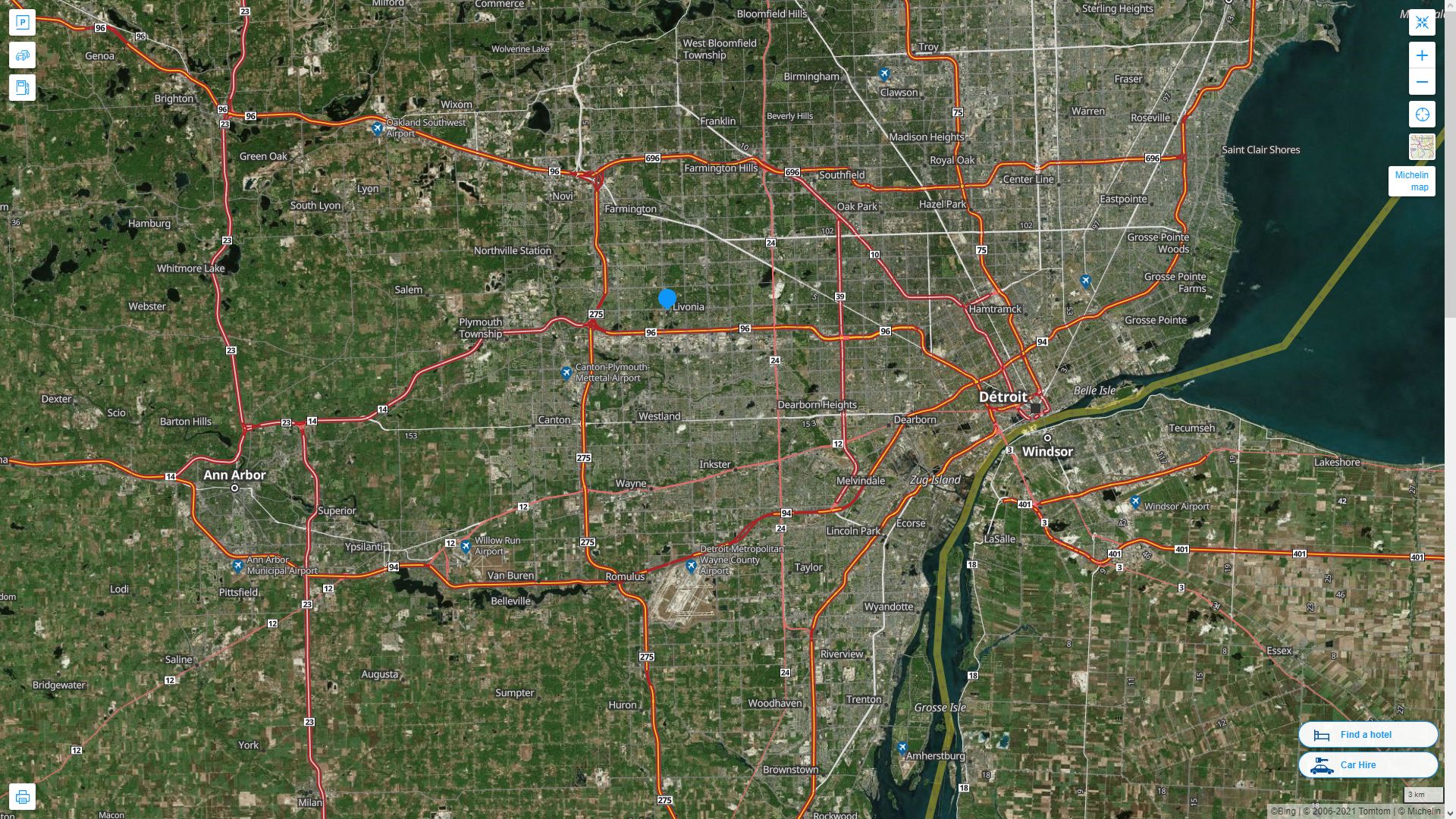 Livonia Michigan Highway and Road Map with Satellite View